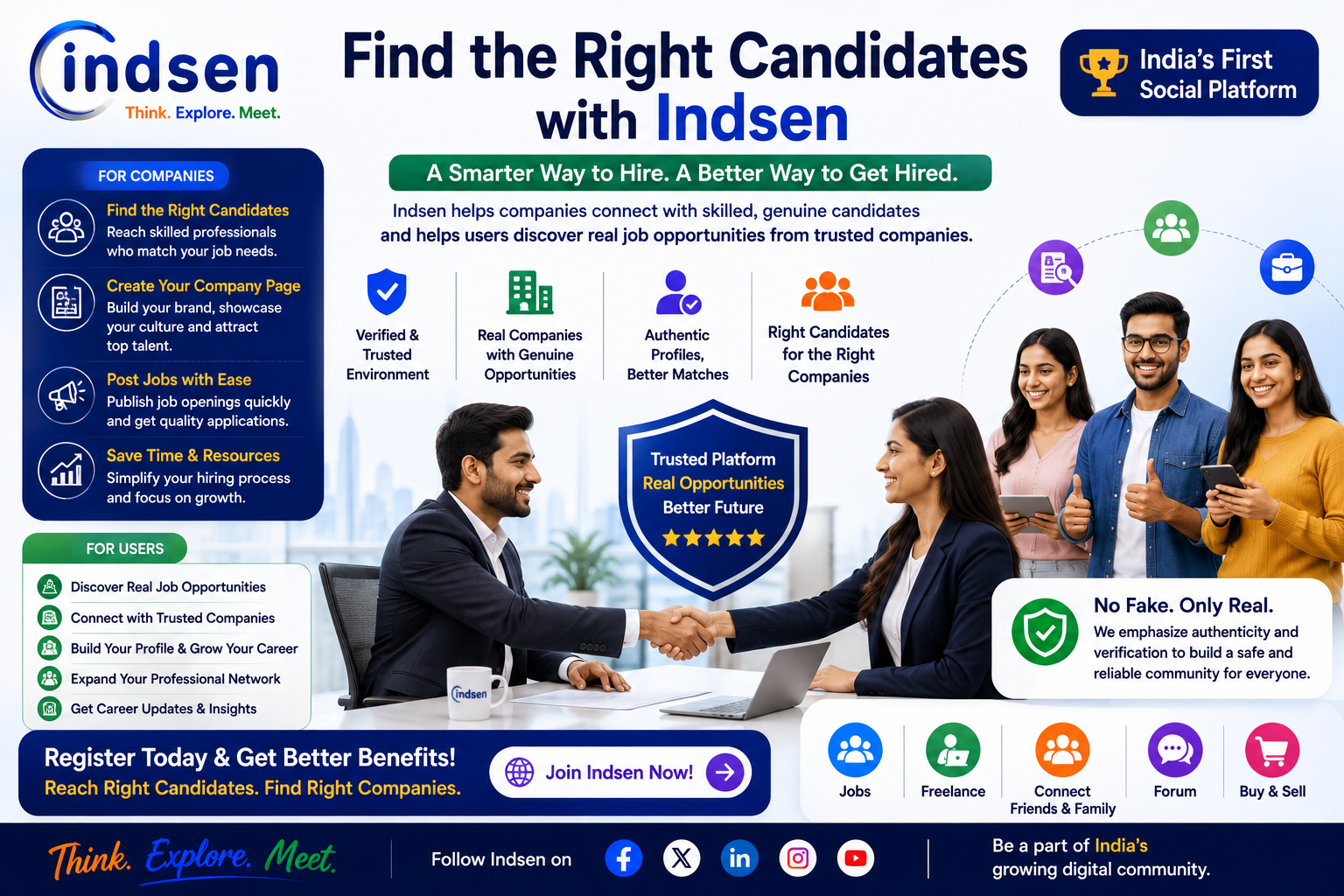 Find the Right Candidates with Indsen – India's First Social Platform connecting businesses with skilled professionals and helping job seekers discover genuine career opportunities.