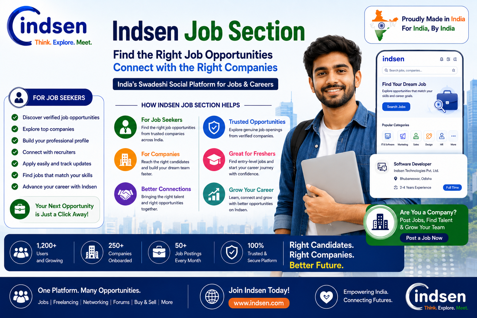 Indsen Job Section for finding job opportunities and connecting job seekers with companies in India