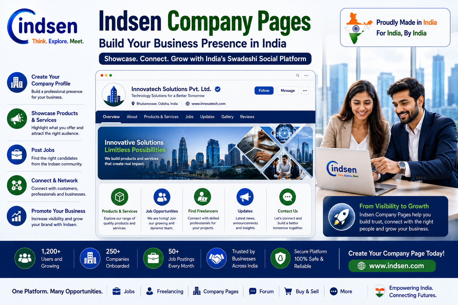 Indsen Company Pages for businesses to showcase services, products, jobs and build their business presence in India